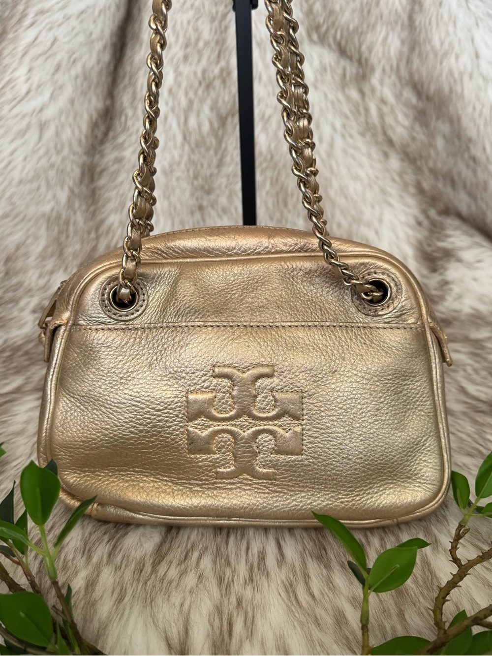 Tory Burch Metallic Gold Leather Chain Shoulder / Crossbody Bag